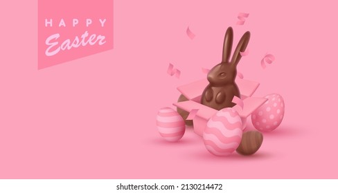 Banner realistic chocolate bunny, rabbit sitting in open pink box with little eggs. Happy Easter poster. Vector illustration for card, party, design, flyer, banner, web, advertising.