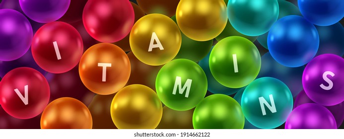 Banner with realistic colorfull balls, arranged according to the colors of the rainbow and letters vitamins. Abstract background. Vector illustration. 