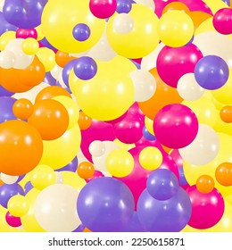 Banner with realistic colorfull balls, arranged according to the colors of the rainbow and letters vitamins. Abstract background. Vector illustration.