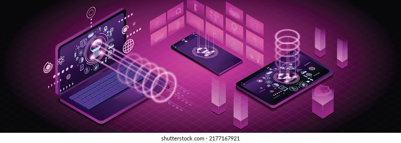 Banner of Realistic Device mock up and Metaverse icons.It's metaverse data concept