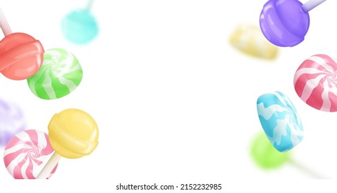 Banner with realistic falling colored glossy lollipop, candies on a stick isolated on white. Look like 3d. Vector illustration for card, party, design, flyer, poster, banner, web, advertising.