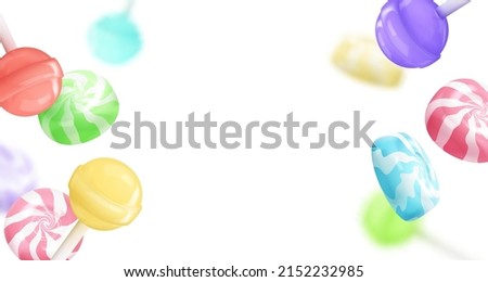 Banner with realistic falling colored glossy lollipop, candies on a stick isolated on white. Look like 3d. Vector illustration for card, party, design, flyer, poster, banner, web, advertising.