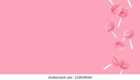 Banner with realistic falling pink glossy candies on a stick, lollipop. Look like 3d rendering. Vector illustration for card, party, design, flyer, poster, decor, banner, web, advertising.