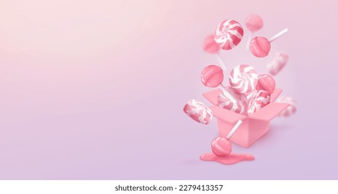 Banner with realistic falling pink glossy lollipop and candies on a stick in the box. Look like 3d rendering. Vector illustration for card, party, design, flyer, poster, web, advertising.