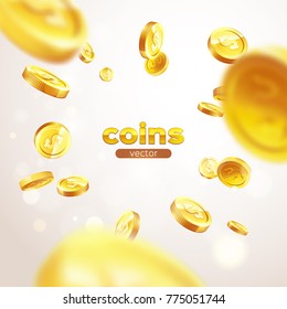 Banner Realistic Gold Coins Flying. Color Background.