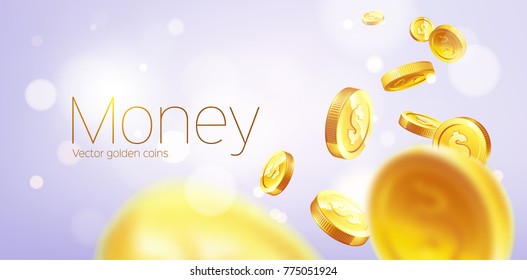 Banner Realistic Gold Coins Flying. Purple Background.