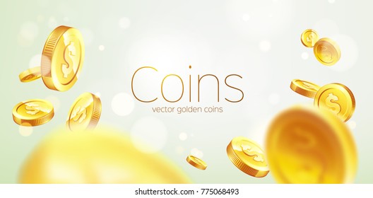 Banner Realistic Gold Coins Flying. Green Background.