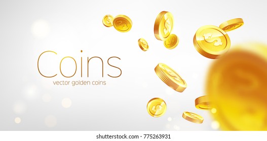 Banner Realistic Gold coins flying. Gray background. Illustration vector