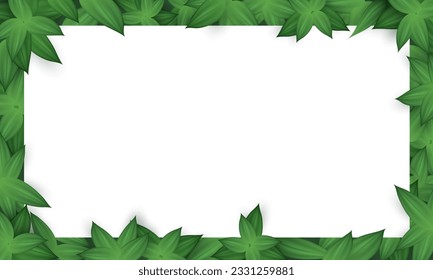 Banner with realistic green leaves pattern and blank white space for text. Botanical poster with frame with branches. Organic wallpaper with frame with herbs, foliage and copy space. 