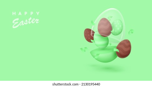 Banner with realistic green open matte egg with glass dome and chocolate mini eggs. Happy Easter poster. Vector illustration for card, party, design, flyer, banner, web, advertising.