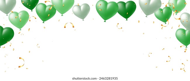 Anuncio con globos de corazones realistas color verde honor del Día de la Memoria. aniversario