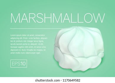 Banner with a realistic image of marshmallows on a turquoise background. One air marshmallow and a frame for text in a minimalist style on a colored background.