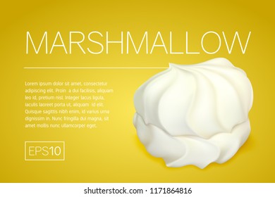 Banner with a realistic image of marshmallows on a yellow background. One air marshmallow and a frame for text in a minimalist style on a colored background.