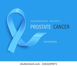 Banner with realistic light blue ribbon for prostate cancer awareness. Design template for infographic magazines or websites on a blue background