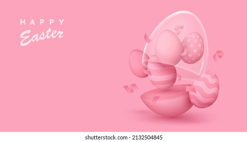 Banner with realistic pink open matte egg with glass dome, five mini eggs, serpentine. Happy Easter poster. Vector illustration for card, party, design, flyer, banner, web, advertising.