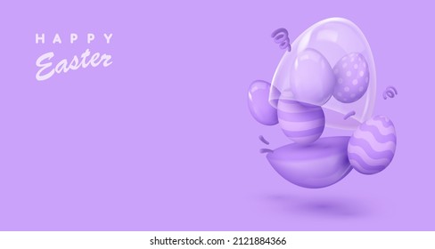 Banner with realistic purple open glossy egg with glass dome, five mini eggs, creative box, case. Happy Easter poster. Vector illustration for card, party, design, flyer, banner, web, advertising.