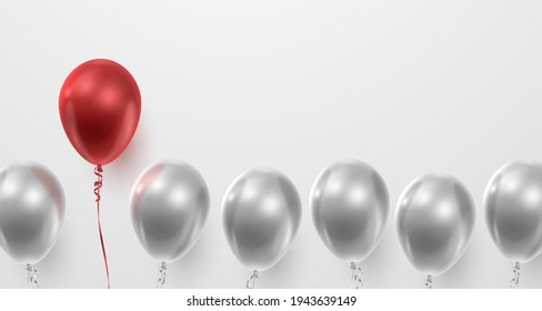 Banner with realistic silver, red  ballons and ribbons, serpentine. Vector illustration for card, party, design, flyer, poster, decor, banner, web, advertising. 