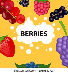 Banner with realistic summer berries. Realistic berries on a yellow background. Flat design, vector illustration, vector.