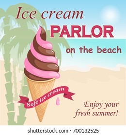 Banner with realistic waffle cone ice cream on the seascape background. Ice cream parlor letters and ribbon with text soft ice cream. eps 10