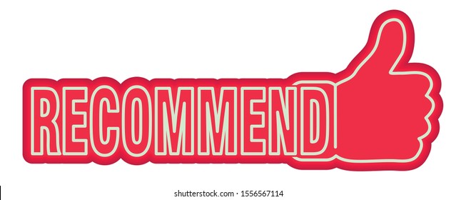 Banner recommended with thumb up. Red web push button with text recommended isolated on white background.