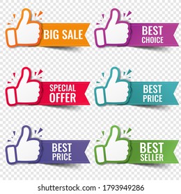 Banner Recommended With Thumbs Up Transparent Background With Gradient Mesh, Vector Illustration