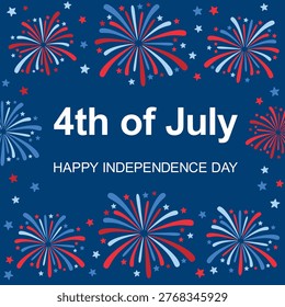 Banner with red and blue fireworks in dark sky. 4th of July concept with bright sparklers	