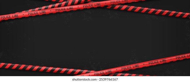 Banner with red caution tapes. Security line on black background. Crime scene barrier tape. Vector illustration.