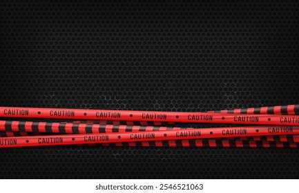 Banner with red caution tapes. Security line on black background. Crime scene barrier tape. Vector illustration.