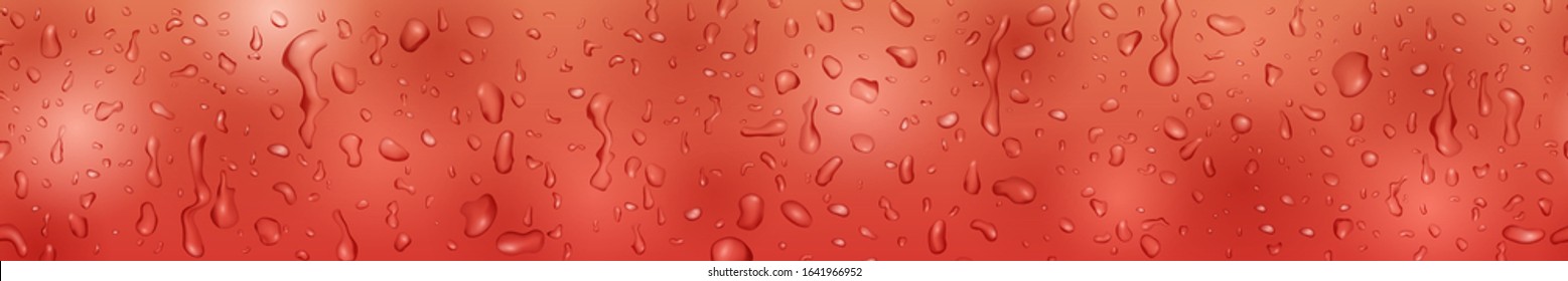 Banner in red colors with drops and streaks of water, flowing down the surface. With seamless horizontal repetition