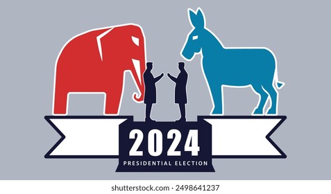 Banner with a red elephant and a blue donkey, representing the Republican and Democratic parties face each other with two individuals debating in the middle. 2024 U.S. Presidential Election