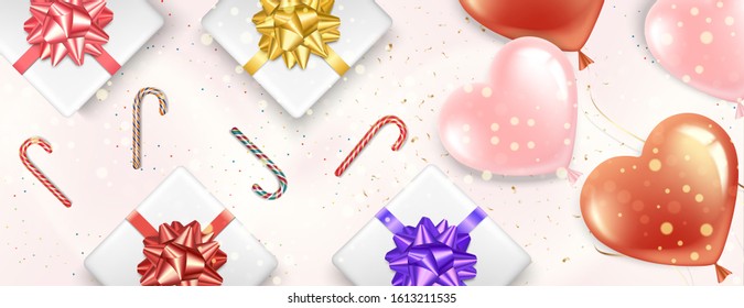Banner in red and gold balloons in the shape of a heart. Gift boxes with bows and candies. Romantic realistic illustration for Valentine's Day and International Women's Day. Vector.