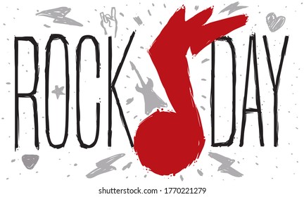 Banner with red grunge music note, promoting Rock Day celebration with good vibes and doodles of electric guitar, heart, horns gesture, plectrum, star and lightnings.
