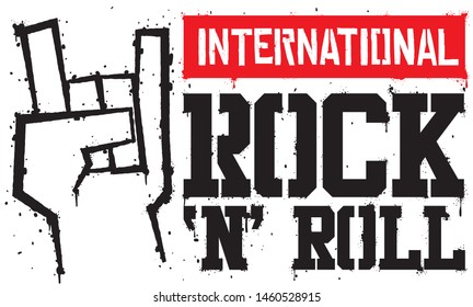 Banner with red label like loose-leaf calendar with hand doing the classic rocker sign: the sign of the horns in stencil style to celebrate International Rock "N" Roll Day.