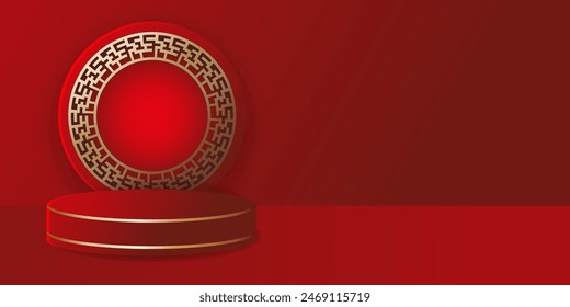  Banner with red pedestal or podium and  round gold ornament on  red background. 3D background for demonstrating  product. Realistic holiday podium poster with gold stripes. vector illustration chines