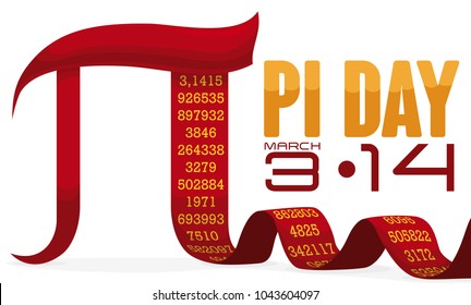 Banner with red pi symbol like a ribbon with its long numeric value and reminder date for Pi Day celebration un March 14.