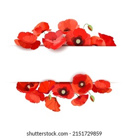 Banner with red poppies on a white background. Botanical template design for greeting and invitation cards, sales, decorations. Space for text. Vector illustration 