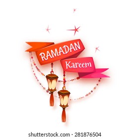 Banner with red ribbon and arabic lantern with title for holy month of muslim community Ramadan Kareem. Vector illustration.