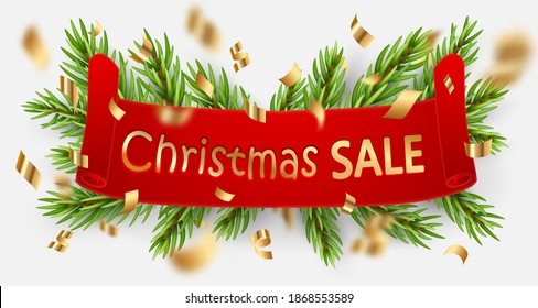 Banner with red ribbon and christmas tree branches and golden confetti. Holiday vector illustration for postcard, business card, decor, design, arts, party, sale, advertising, special discounts.