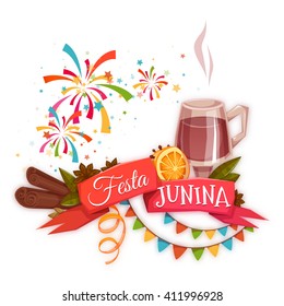 Banner with red ribbon and quentao for Festa Junina Brazil party. Vector illustration.