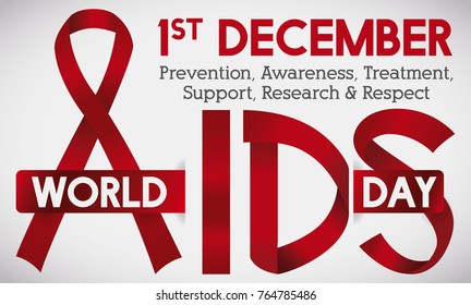 Banner with red ribbons and greeting message with some precepts for World AIDS Day in December 1.