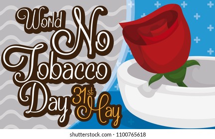 Banner with red rose inside an ashtray and greeting message for World No Tobacco Day celebration, for a event without smoke and healthy habits.