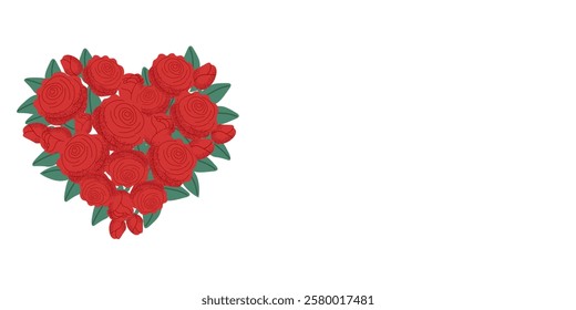 Banner with red roses in the shape heart on white background. Beautiful design for love celebrations, from weddings, Valentine's Day and otherth. Vector illustration