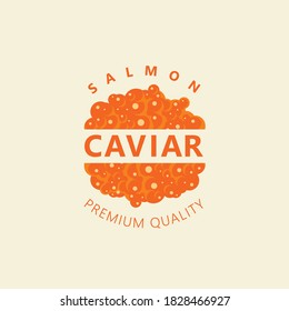 Banner with red salmon caviar and inscriptions on a light background in retro style. Vector illustration for seafood menu, label, packing, advertising, emblem, design element