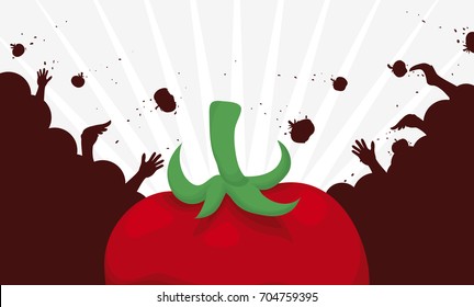 Banner with a red tomato and crowd silhouette throwing tomatoes each other at Tomato Throwing Festival (or Tomatina, in Spanish).