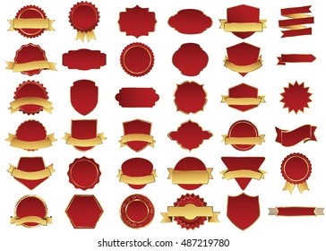 Banner red vector icon set on white background. Ribbon isolated shapes illustration of gift and accessory. Christmas sticker and decoration for app and web. Label, badge and borders collection.