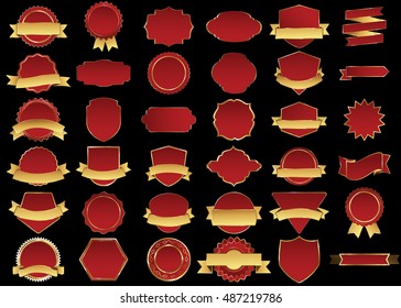 Banner red vector icon set on black background. Ribbon isolated shapes illustration of gift and accessory. Christmas sticker and decoration for app and web. Label, badge and borders collection.