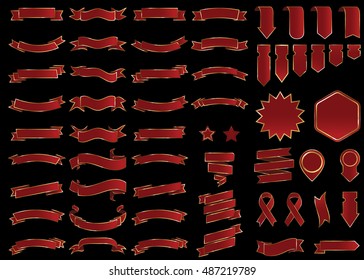 Banner red vector icon set on black background. Ribbon isolated shapes illustration of gift and accessory. Christmas sticker and decoration for app and web. Label, badge and borders collection.