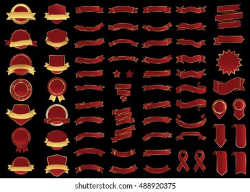 Banner red vector icon set on black background. Ribbon isolated shapes illustration of gift and accessory. Christmas sticker and decoration for app and web. Label, badge and borders collection.