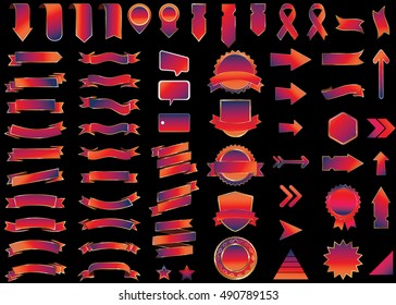 Banner red vector icon set on black background. Ribbon isolated shapes illustration of gift and accessory. Christmas sticker and decoration for app and web. Label, badge and borders collection.