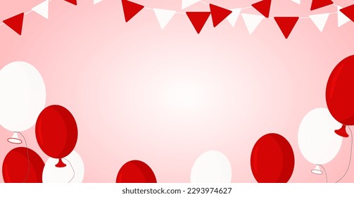 Pancarta con globos rojos y blancos, banderas en un fondo rosado. ilustración vectorial